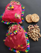 Silk Potli Bags with Fancy Rajasthani Couple Dolls Hand Work Potli Handbag, Lohri/Sankranti Favor, Return Gifts